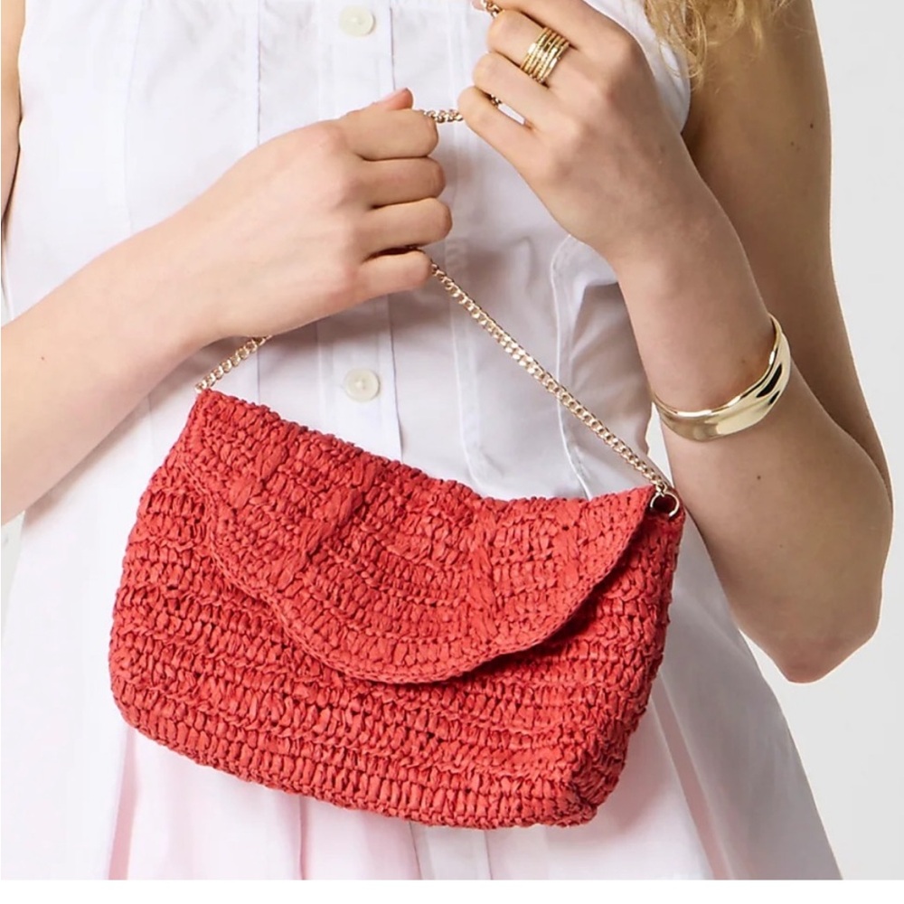J. Crew Red Woven Scalloped Clutch with Chain - Picture 4 of 9
